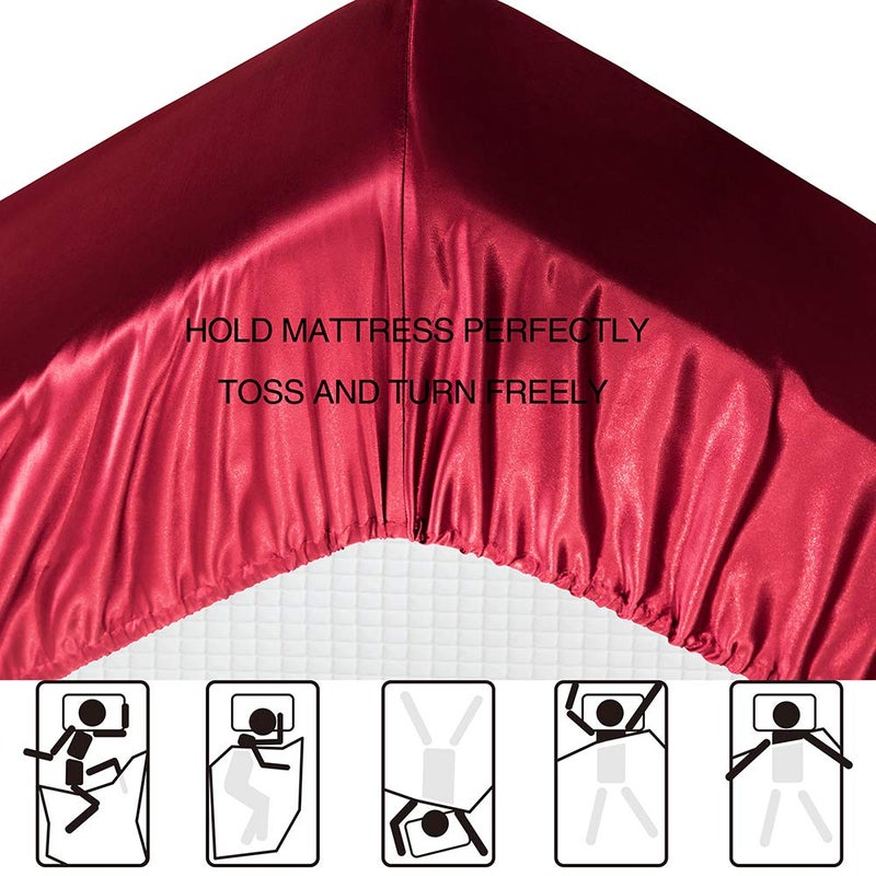 Luxbedding Satin Bed Sheets King Size Sheets, Red Silk Sheets, 4 - Pieces Soft Bedding Set with 1 Deep Pocket Fitted Sheet,1 Flat Sheet,2 Pillowcase - Image 3